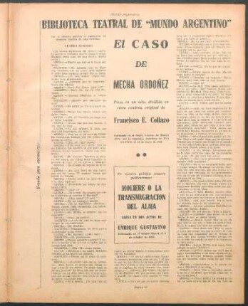 El caso de Mecha Ordoñez : Biblioteca teatral de "Mundo Argentino"