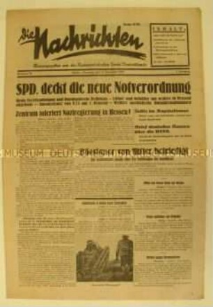 Kommunistische Tageszeitung "Die Nachrichten" u.a. zu den neuen Notverordnungen