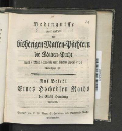 Bedingnisse unter welchen den bisherigen Matten-Pächtern die Matten-Pacht vom 1 May 1789 bis zum letzten April 1793 prolongirt ist
