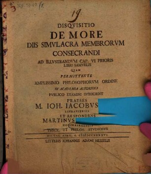 Disquisitio de more, diis simulacra membrorum consecrandi : ad illustrandum cap. VI. prioris libri Samuelis