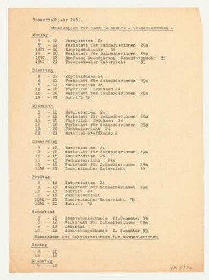 Stundenplan für textile Berufe - Schneiderinnen : Sommerhalbjahr 1931, Auflistung der Unterrichtseinheiten von Montag bis Sonnabend