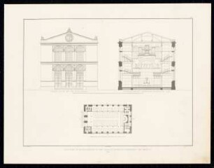 Kirche in der Oranienburger Vorstadt, Berlin, Nr. 1: Vorderansicht, Querschnitt, Grundriss (aus: Sammlung Architektonischer Entwürfe, Berlin 1858)