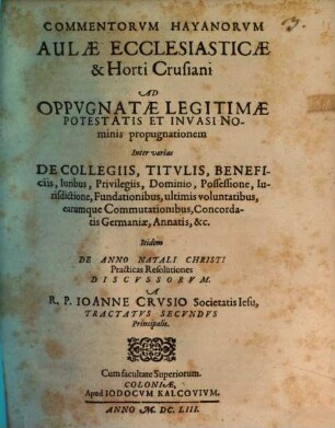 Aulae Ecclesiasticae Et Horti Crusiani Subversio Sive R.P.F. Romani Hay aliorumque Commentorum Discussio. 2,[1], Tract. II, tom. I
