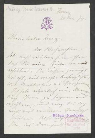 Brief an Hans von Bülow : 20.12.1874