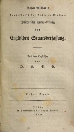 John Millar's Historische Entwickelung der englischen Staatsverfassung, 1