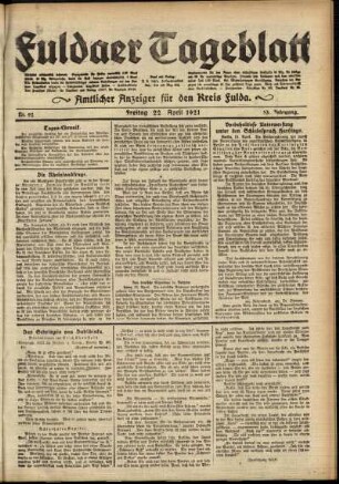 Ausgabe vom Freitag, den 22. April 1921.