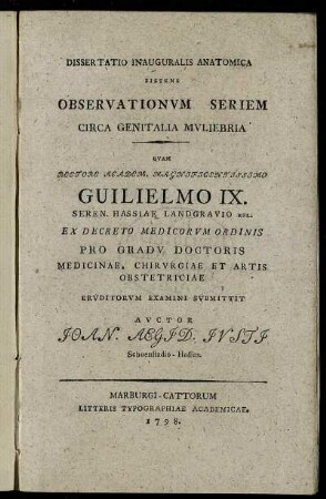 Dissertatio Inauguralis Anatomica Sistens Observationum Seriem Circa Genitalia Muliebria