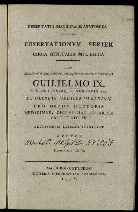 Dissertatio Inauguralis Anatomica Sistens Observationum Seriem Circa Genitalia Muliebria