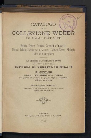 Catalogo della collezione Weber di Saalfstadt ....