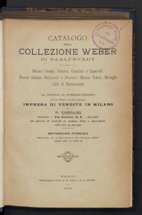 Catalogo della collezione Weber di Saalfstadt ....