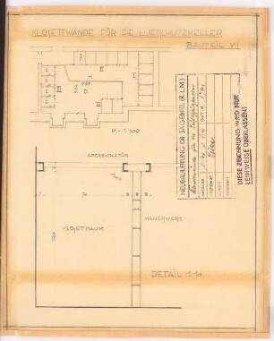 Reichsluftfahrtministerium, Berlin: Luftschutzkeller V1, Klosettwände: Grundrisse 1:100, 1:10