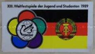 Aufkleber zu den XIII. Weltfestspiele der Jugend und Studenten 1989 in Pyöngyang mit DDR-Flagge