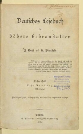 Teil 1, Abteilung 1 = (Für Sexta), [Schülerband]: [Teil 1, Abteilung 1 = (Für Sexta), [Schülerband]]