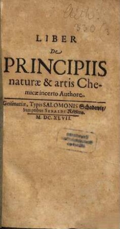 Liber De Principiis naturæ & artis Chemicæ