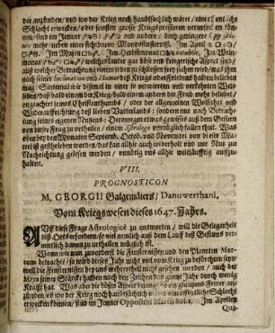 VIII. Prognosticon. Vom Kriegswesen dieses 1647. Jahrs