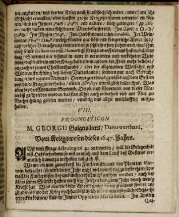 VIII. Prognosticon. Vom Kriegswesen dieses 1647. Jahrs