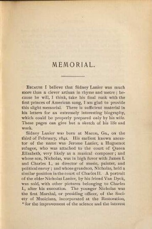 Poems of Sidney Lanier : Edited by his wife (Mary D. Lanier.) With a Memorial by William Hayes Ward