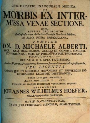 Diss. inaug. med. de morbis ex intermissa venae sectione