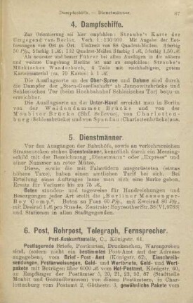 4. Dampfschiffe ; 5. Dienstmänner ; 6. Post, Rohrpost, Telegraph, Fernsprecher