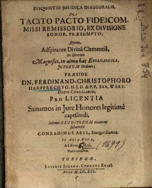 Disquisitio Juridica Inauguralis, De Tacito Pacto Fideicommissi Remissorio, Ex Divisione Bonor. Praesumpto