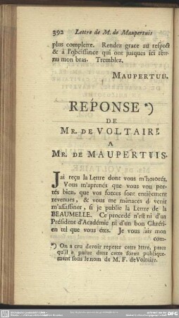 Réponse De Mr. De Voltaire A. Mr. De Maupertuis