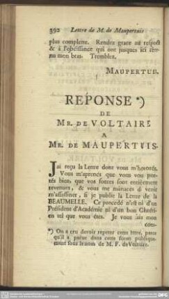 Réponse De Mr. De Voltaire A. Mr. De Maupertuis