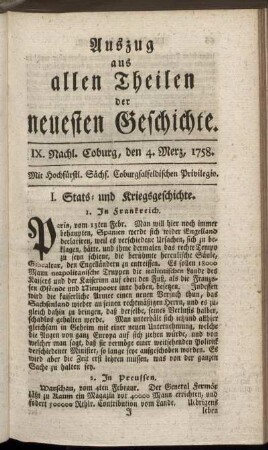 IX. Nachl. Coburg, den 4. Merz, 1758.