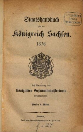 Staatshandbuch für den Freistaat Sachsen, 1876