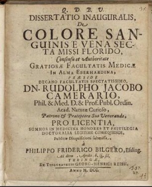 Dissertatio Inauguralis, De Colore Sanguinis E Vena Secta Missi Florido