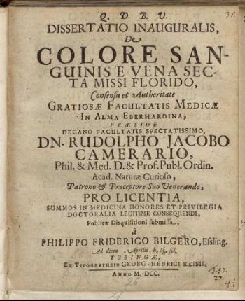 Dissertatio Inauguralis, De Colore Sanguinis E Vena Secta Missi Florido
