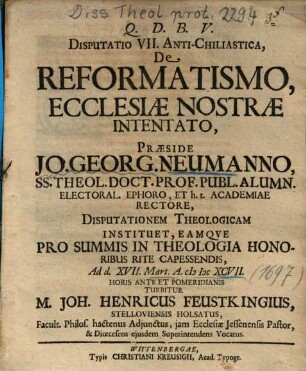 Disputatio VII. Anti-Chiliastica, De Reformatismo, Ecclesiae Nostrae Intentato