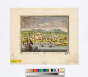 Ansicht von Salvador da Bahia in Brasilien von Seeseite, Kupferstich, 1703 : S. Salvador een sterke stad in Brasilie, in de inwyk van den zeeboezem Bajos todos los Santos : Bildliche Darstellung, C.P.=S. Salvatoris Fanum, Brasiliae ad Sanctorum omnium sinum, bene munita Urbs / Pet. Schenk. - [Amsterdam] : Peter Schenk , [1703]. - 1 Kunstbl. : Kupferst. ; 26 x 22 cm