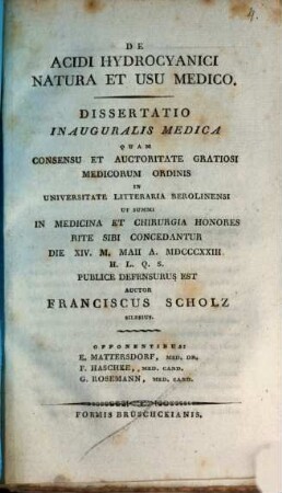 De acidi hydrocyanici natura et usu medico : Diss. inaug. med.