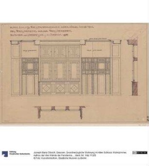 Giessen, Grossherzogliche Wohnung im Alten Schloss Wohnzimmer, Aufriss der drei Wände der Fensternische und Grundriss der Fensterwand