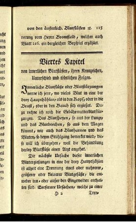 Viertes Kapitel. Von innerlichen Blutflüßen, ihren Kennzeichen, Unterschied und tödtlichen Folgen.