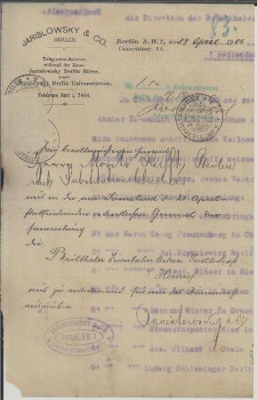 Bevollmächtigung zur Vertretung bei der Generalversammlung der BTE am 21.4.1906