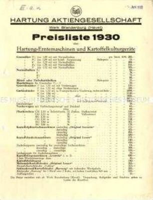 Preisliste über Erntemaschinen