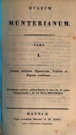 Museum Münterianum, P. 1. Numos antiquos populorum, urbium et regum continens