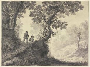 Waldlandschaft, links auf einer Anhöhe zwei Wanderer