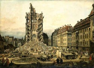 Die Trümmer der ehemaligen Kreuzkirche zu Dresden