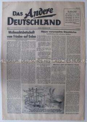 Halbmonatszeitung "Das Andere Deutschland" u.a. zur Bundestagsdebatte über die Pariser Verträge und über Menschen in der Sowjetunion