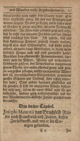 Das dritte Capitel. Josephi Mauritii von Brachfeld Reisen nach Franckreich und Italien, dessen Zurückkunfft, und wie er die Seinigen gefunden