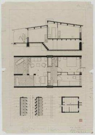 Haus ohne Nebenflächen (nicht realisiert) – Grundrisse, Draufsicht, Schnitt