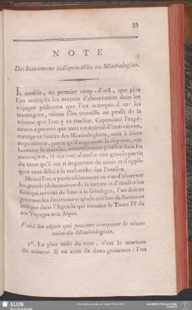 Note Des Instrumens indispensables au Minéralogiste