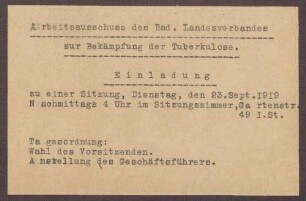 Einladung des Bad. Landesausschusses zur Bekämpfung der Tuberkulose zur 1. Sitzung
