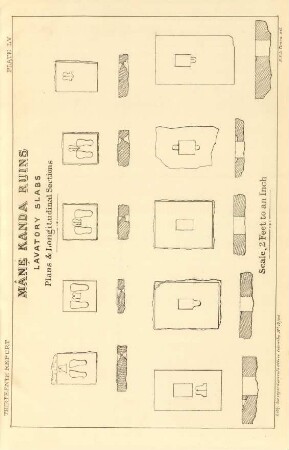 Plate LV. Mânê Kanda ruins. Lavatory slabs. Plans & longitudinal sections.