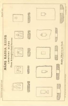 Plate LV. Mânê Kanda ruins. Lavatory slabs. Plans & longitudinal sections.