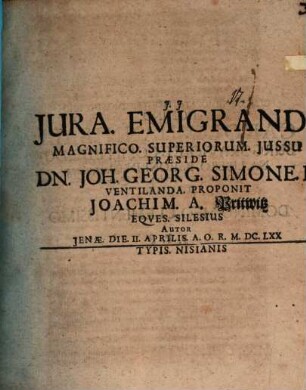 De iuribus emigrandi, disp.