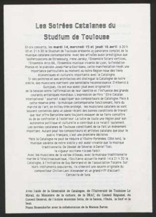 Programmheft: Les Soirées Catalanes du Studium de Toulouse, 14.-16. April [Jahr nicht bekannt]