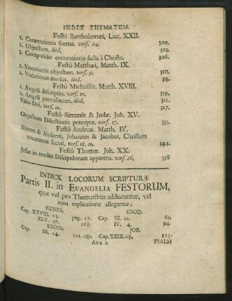 Index Locorum Scripturae Partis II. in Evangelia Festorum, quae vel pro Thematibus adducuntur, vel cum explicatione allegantur.